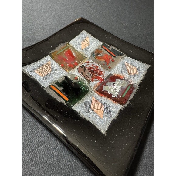 Decorative Square Platter Handmade Fused Glass Patchwork Centerpiece  8.25" - Picture 2 of 8